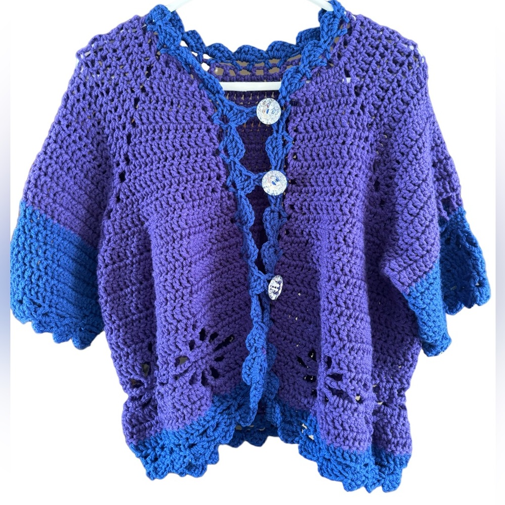 Handmade Knitted Purple Blue Short Sleeve Cropped Cardigan Sweater Size L